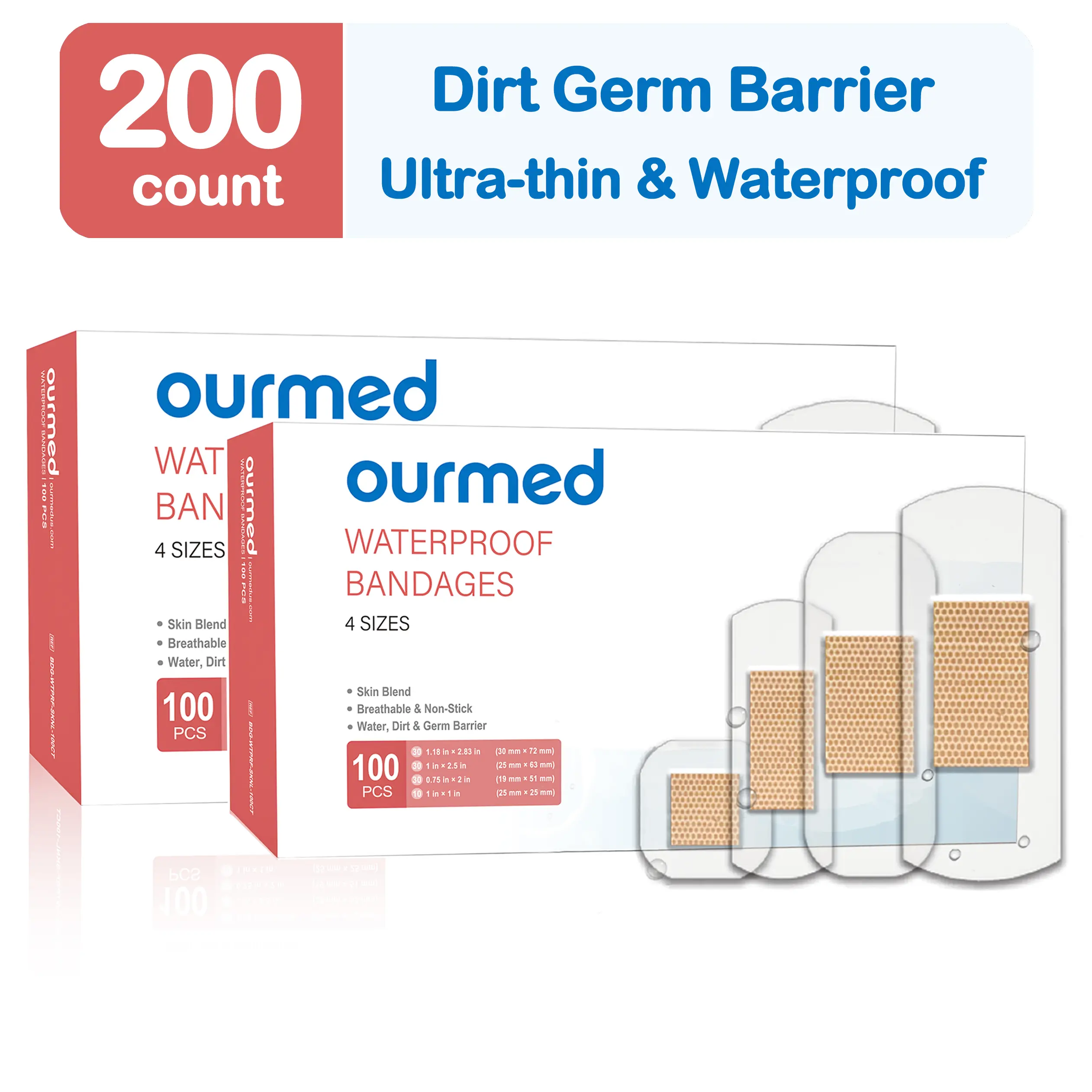 Ourmed Waterproof Adhesive Bandages, Clear First-Aid Wound Care for Assorted Sizes, 100/200 Count Wound Care, Fingers, Knees and Heels, Stays on Skin in The Bath, Shower or Pool