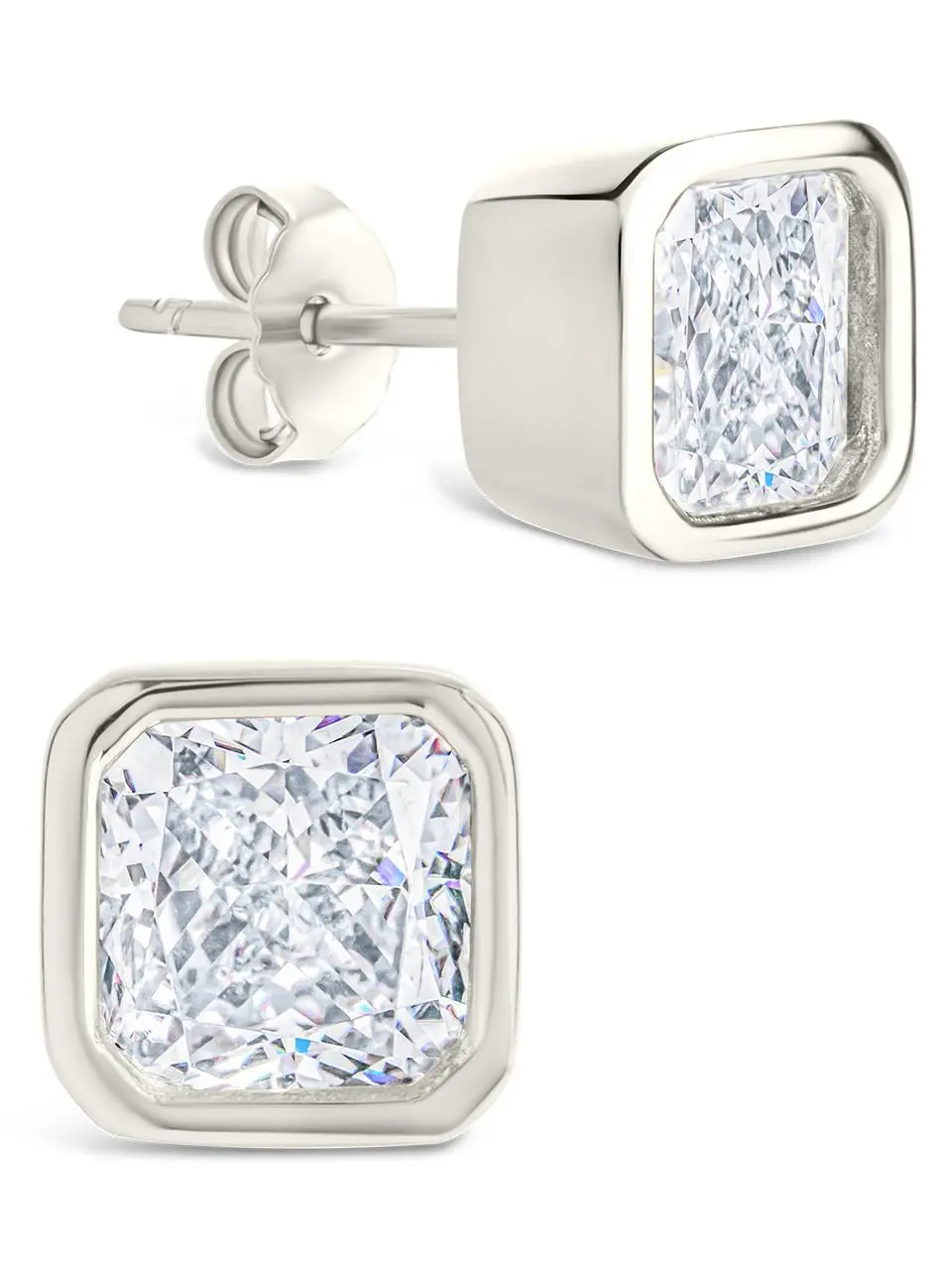 Sterling Silver Radiant Cut Bezel Set Stud Earrings