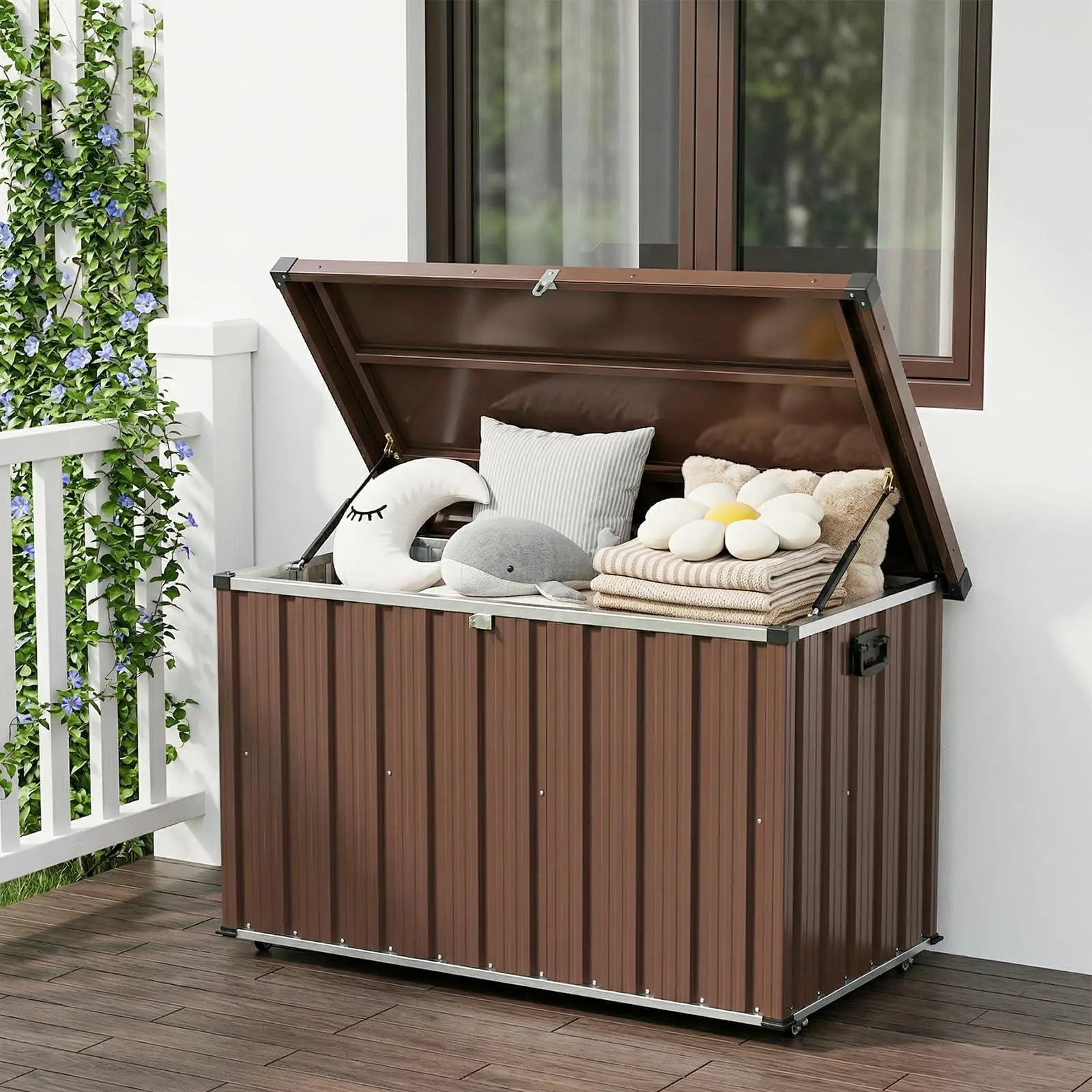 GARVEE 200 Gallon Outdoor Metal Storage Box, Waterproof Steel Deck Box with Lockable Soft-Close Lid, Dual Gas Struts, Wheels, Handles, Large Patio Cushion Tool Pool Storage, Brown,53.15"L x 27.76"W x 33.07"H