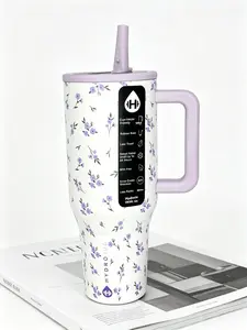 HydroJug 40oz Purple Floral Insulated Drinkware Flask with Handle & Straw, 24H Cold Retention, Leakproof, BPA-Free Stainless Steel Travel Mug for Car Cup Holder, Lavender Aesthetic, Flasks