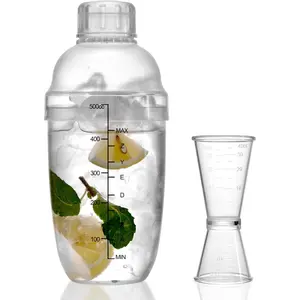 Plastic  Shaker w/Scale and Jigger Set, Strainer Top, Drink Mixer Bartender Kit, Clear Plastic  Shaker Bottle  Mixer  Measuring Jigger Bar Mixing Tool (18 oz / 530cc)