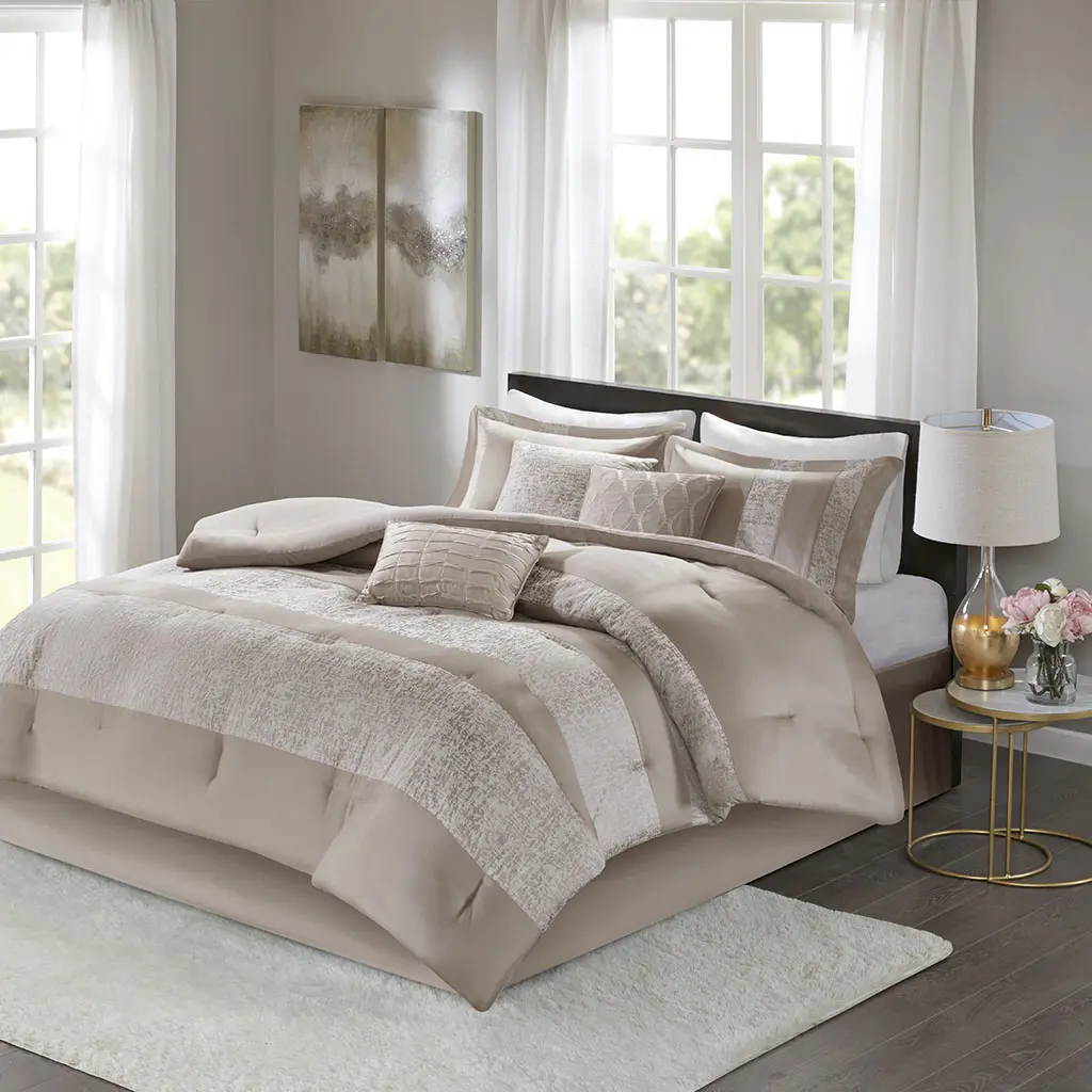 MAIN STREET 7-Piece Kira Luxe Chenille Jacquard Comforter Set - Elegant Textured Stripes Polyester Bedding, Hypoallergenic, Machine Washable for Guests