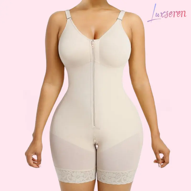 LUXSEREN Women's Colombian Shapewear Bodysuit Dress - Front Zip Up Bra with Adjustable Straps, 3/4 Coverage, Short Length, Tummy Control, Butt Lifter, Compression Fabric, All-Day Comfort & Support, Scoop Neck, Boy Shorts, Fit for Casual & Wedding