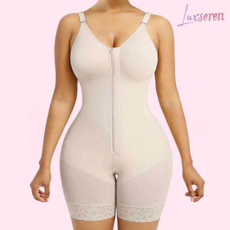 LUXSEREN Women's Colombian Shapewear Bodysuit Dress - Front Zip Up Bra with Adjustable Straps, 3/4 Coverage, Short Length, Tummy Control, Butt Lifter, Compression Fabric, All-Day Comfort & Support, Scoop Neck, Boy Shorts, Fit for Casual & Wedding