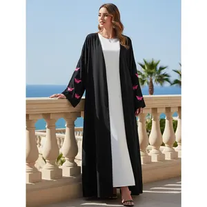 Butterfly Embroidered Open Abaya Chic Kimono Cardigan | One Size Fits Most | Modest Black Casual Robe for Travel, Prayer & Daily Style