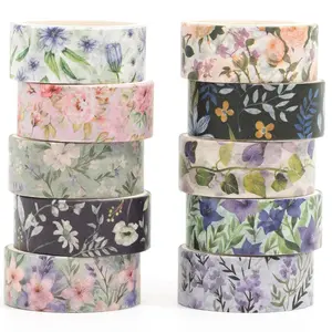 10 Rolls Blooming  Washi Tape Set Floral Arts Adhesive Tapes Colorful Garden Decorative Masking Tape Sets for Craft, , Scrapbook, DIY,  Wrapping (4-Purple)