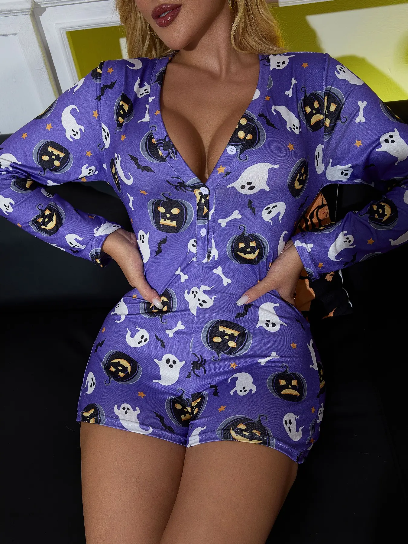 Gothic Halloween Cute Print Women's Bodysuit, Sexy Fashion Elegant Soft Skin - Friendly Slim Fit Elastic Casual Home Wear