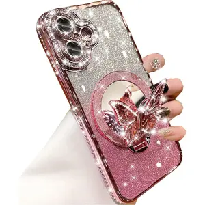 Magnetic Kickstand Glitter Case for iPhone 16 Plus,[Compatible with MagSafe] Cute Bling Sparkly Diamond Butterfly with Camera Protector Makeup Mirror Women Girls Case for iPhone 16 Plus, Pink