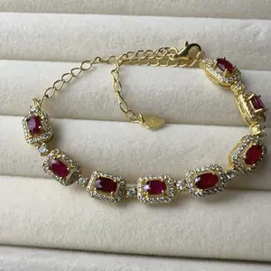 <PingEast jewelry > HBSSL05--925 Sterling Silver Gold-Plated Bracelet with 8 Natural 3×4mm Burmese Rubies, Framed in Rectangular Settings, 16cm + 5cm Extension, with Certificate