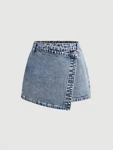 Teen Girl Y2K Washed Spring Short Skirt Pants, Asymmetric Waist Wrap Denim Shorts, Summer Fashion for Girls
