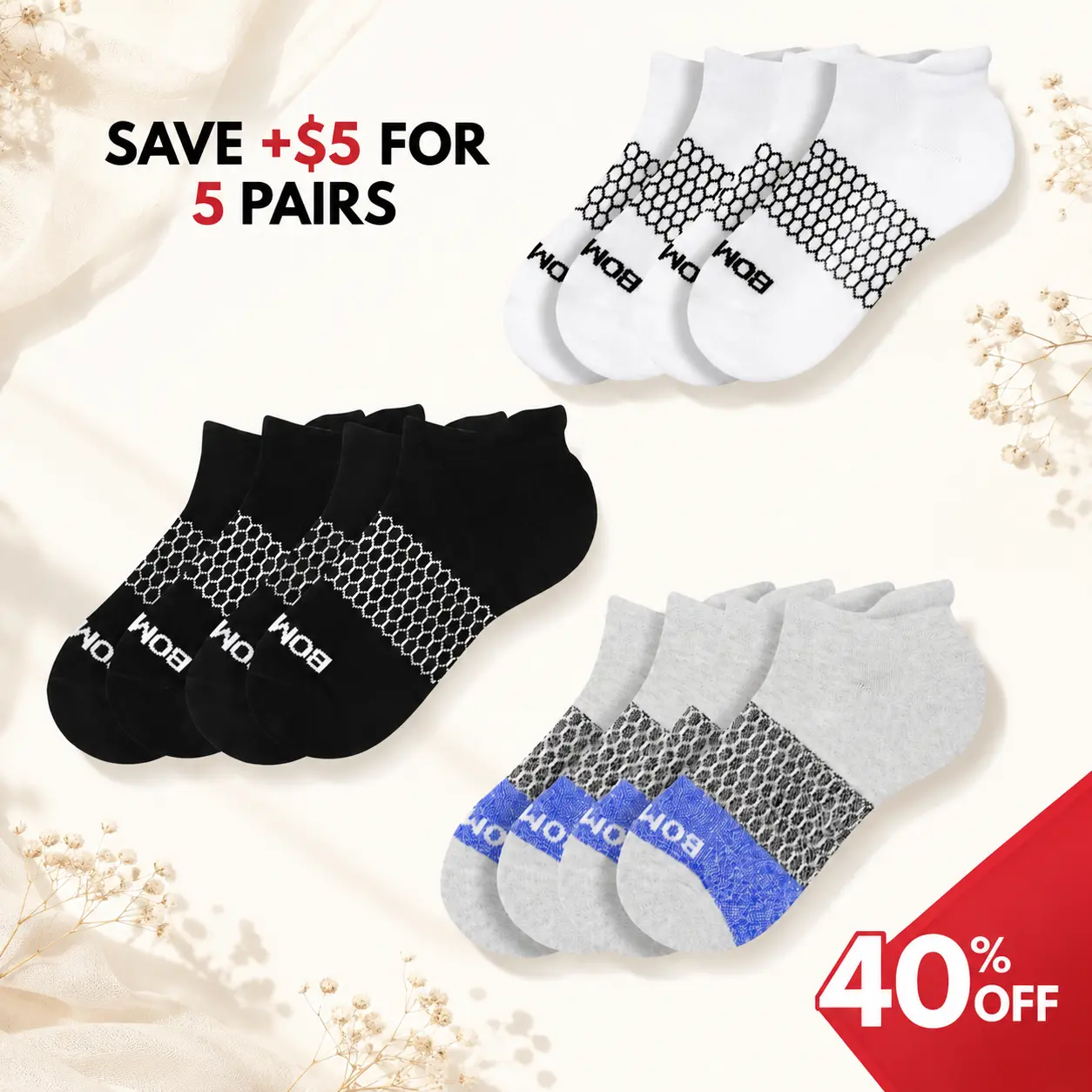Pack 1/3/5 Bombas Ankle Socks, Cushioned Footbed & Honeycomb Arch Support, Seamless Toe, Blister Tab, Soft Cotton Blend, Size S, M, L, Women's Men's Daily wear