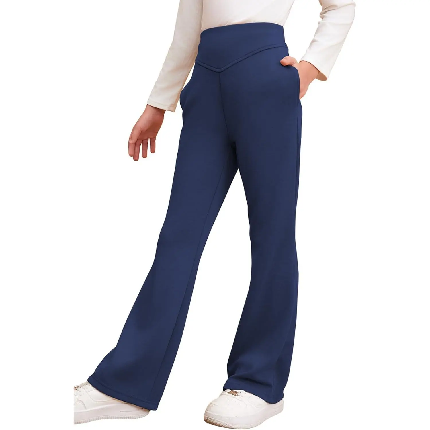 Girls Dressy Bell Bottom School Uniform Pants Size 6-15 Years | Kid Fashion Bell Bottom Dress Pants, Elastic High Waist, Dreesy Casual, Formal, Wide Leg, Pockets, Stretchy Breathable Soft