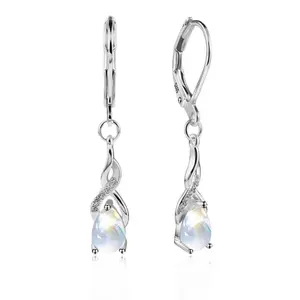 AELNEN S925 Sterling Silver Moonstone Dangle Earrings, Twisted Design with Cubic Zirconia Accents, Teardrop Moonstone Leverback Earrings for Women, Elegant Romantic Jewelry