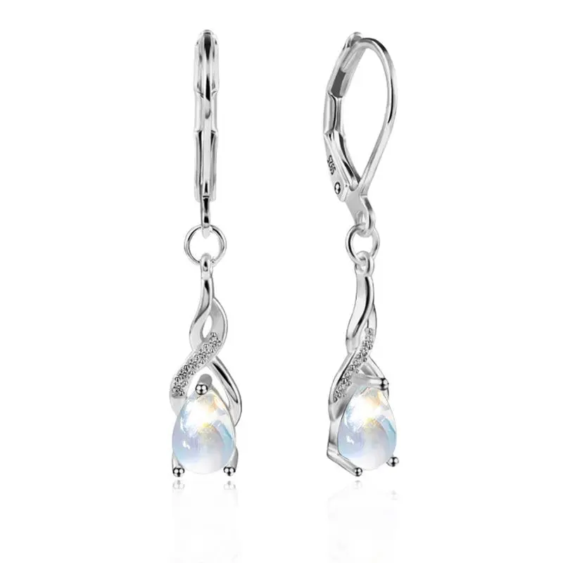 S925 Sterling Silver Dangle Earrings for Women, Romantic Teardrop Moonstone with Twisted Cubic Zirconia Accents, Ethereal Leverback Statement Jewelry, Feminine Aesthetic, Ethereal Aesthetic, Elegant And Romantic Jewelry, Daily, Female, Twisted Design, Aes