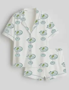 Women’s Seashell Martini Satin Pajama Set, Short and Long Sleeve Button Up Sleepwear, Luxury Cocktail Print PJs for Women