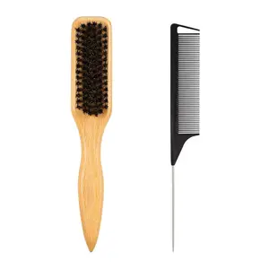 Boar Bristle Slick Back Hair Brush for Smooth Flyaways, Frizz Control, Sleek Ponytail & Buns, Teasing Tool for Women, Gel Comb Styling Accessory, Hair Styling Combs