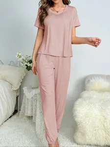 Women's Solid Short Sleeve Tee & Drawstring Waist Pants Pyjama Two-piece Set, Casual Comfy Round Neck T-shirt & Trousers Matching PJ Set, Ladies Summer Sleepwear, Loungewear, Pajamas