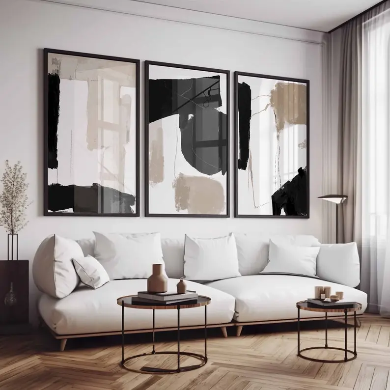 Modern Neutral Abstract Gallery Wall Art Set of 3 Neutral Nordic Prints Modern Abstract Art Black Beige Japandi Printable Abstract Art