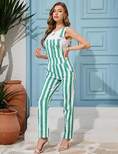 ZHANGYAN St. Patrick's Day Gifts for Her – Women’s Striped Print Bib Overalls Stretch Denim Y2K Cute Sleeveles Jumpsuit Daily & Festival Wear Womenswear