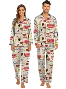 Stranger Things Sleepwear Set Two-Piece Lapel Button Top and Shorts, Women's Casual Home Wear, Comfortable Party