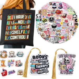 Fun Book & Skull Sticker Set, 1 Set Including 110pcs Bookish Reading Sticker & 1 Tote Bag & 2 Bookmark, Waterproof Water Bottle Decals, Sticker Packs for Students, Book Lover Gift