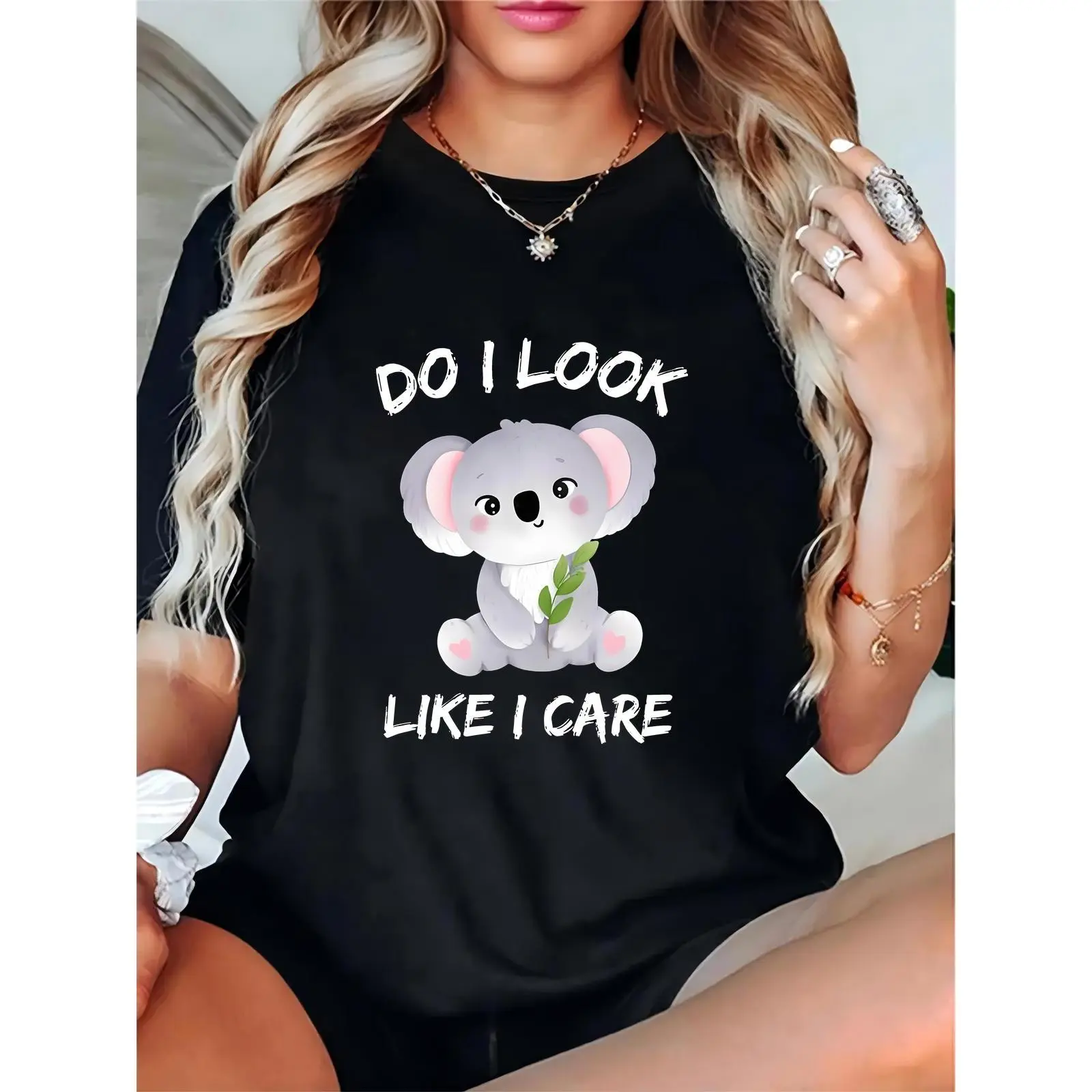 Women's Cute Koala "Do I Look Like I Care" Graphic T-Shirt - Casual Short Sleeve Crew Neck Top for Daily Wear, Animal Lover Gift