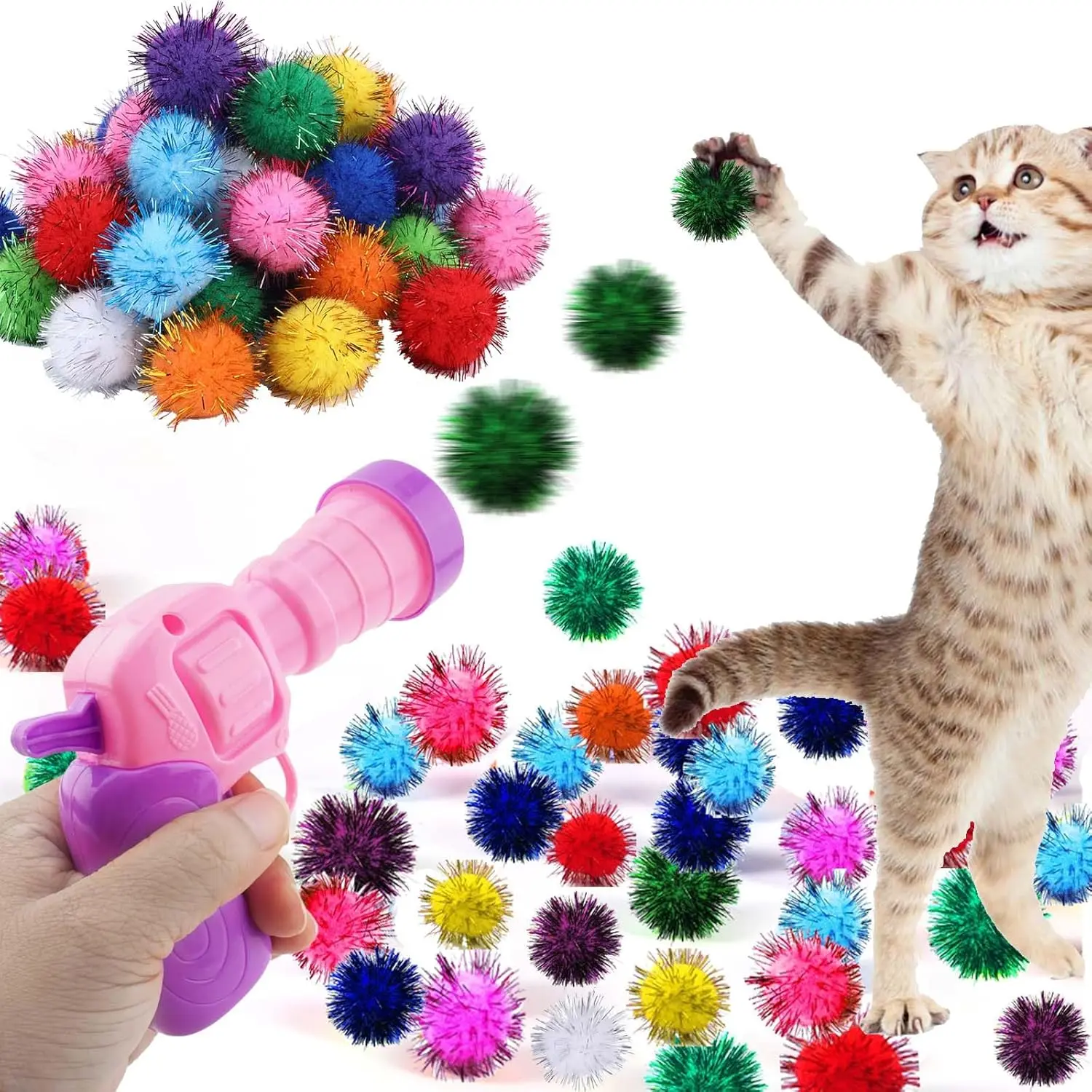 Balls with Launchers Set, 30 count Sparkle Pom Ball for , Enrichment Toys, Toys for Indoor Cats, Interactive Glitter Pom Ball for Kitty Gifts