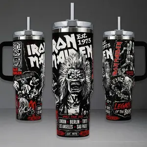 Iron Maiden World Tour Tumbler, Legacy of the Beast 40oz Cup with Handle, The Trooper Heavy Metal 20oz Stainless Steel Travel Mug, Rock Music Fan Gift, Iron Maiden Inspired Insulated Tumbler Featuring Epic Red & Black Design.