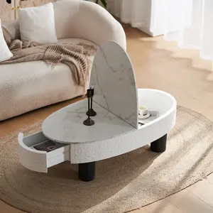 47.24*23.62*15.74 Inch Oval Coffee Table, White & Black Engineered Wood Table with Faux Marble Top & Hidden Drawer, Mid-Century Modern Storage Table for Living Room Bedroom Office