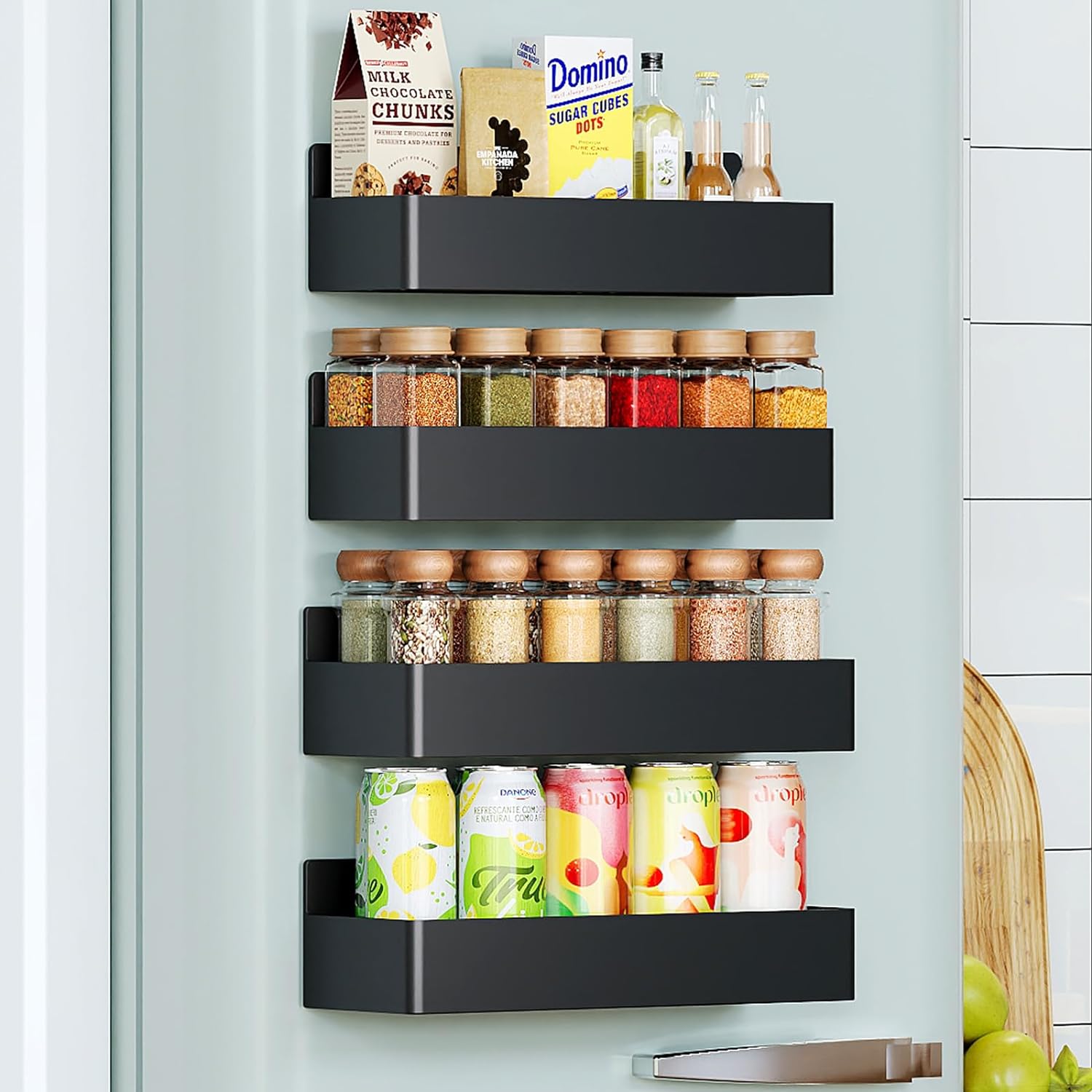 4 Pack Magnetic Spice Rack for Refrigerator, Kitchen Organizer and Storage Shelf, Black