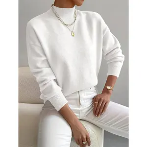 [Elegant Winter Sweater] Elegant Oversized Women's White Winter Sweater |     High Neck Turtleneck Pullover, Stretchy Collar, Loose Fit, Long Sleeves - Machine Washable for Fall & Cold Weather angelina  neon  outfit