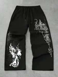 Unisex design, Gothic style, Gothic runes and angel motifs, summer lightweight straight-leg pants/trousers with a relaxed fit, suitable for streetwear, Gothic culture, Gothic fashion, Y2K fashion, casual wear, Fitted