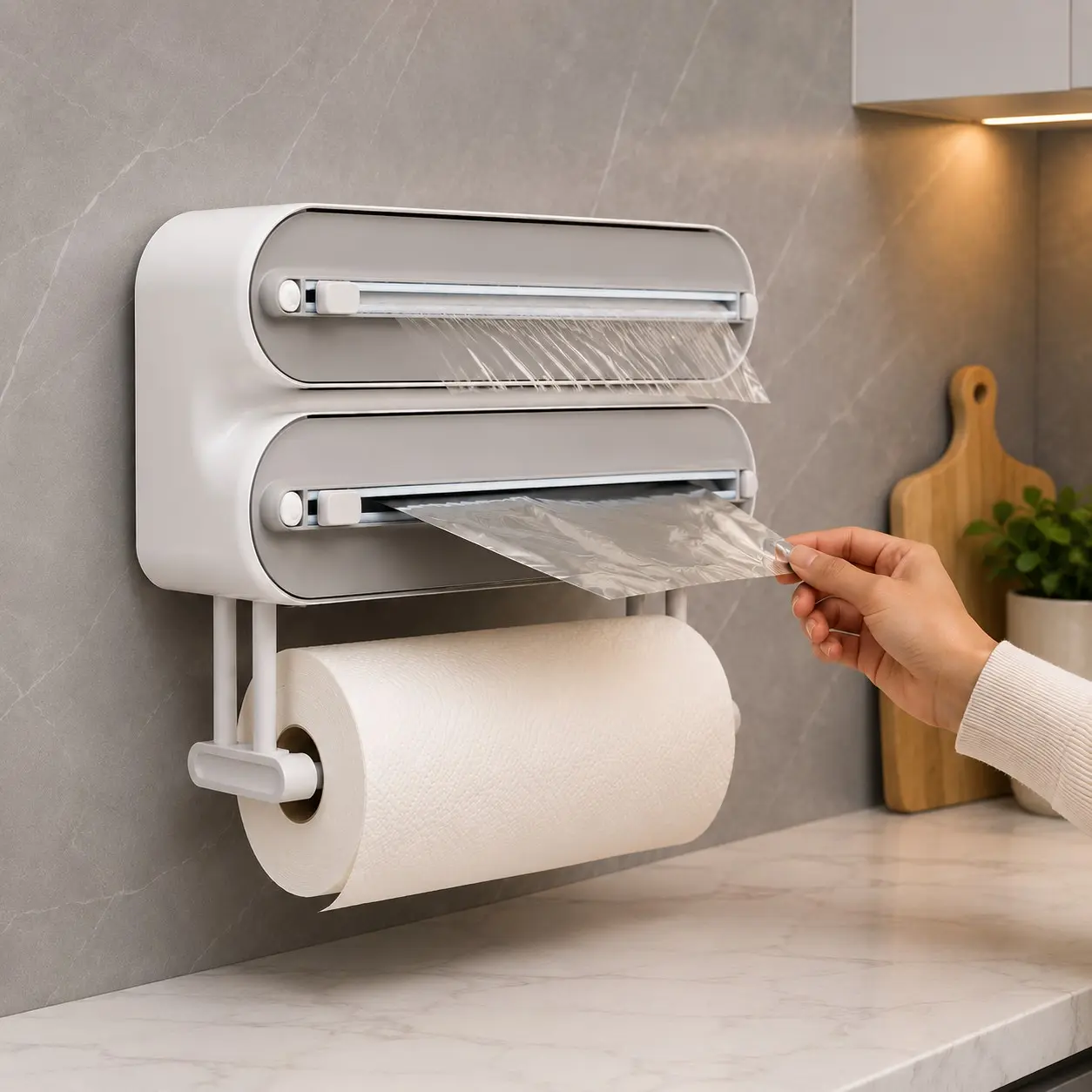 3-in-1 Aluminum Foil & Plastic Wrap Dispenser with Cutter, Magnetic Paper Towel Holder for Refrigerator, Wall Mount Kitchen Wrap Organizer, Includes 1 Roll of Cling Film
