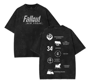 Black Washed Fallout New Vegas Factions Themed Graphic T Shirt for Men Oversized Crewneck Cotton Tee Casual Streetwear Top for Video Game Enthusiasts and Daily Wear