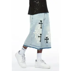 Olivier Light Blue Patch Rhinestone Denim Short