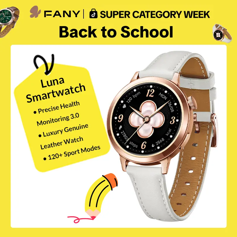 FANY Luna Women's Leather Ultra-Slim Health Smartwatch - AMOLED Touchscreen, 110+ Sport Modes (Including Yoga), Step Tracker Watch, Heart Rate/Sleep/SpO2 Monitoring, 7-Day Battery, Waterproof, Lightweight Wearable, Free App Round Outdoor Wristwatch, Sport