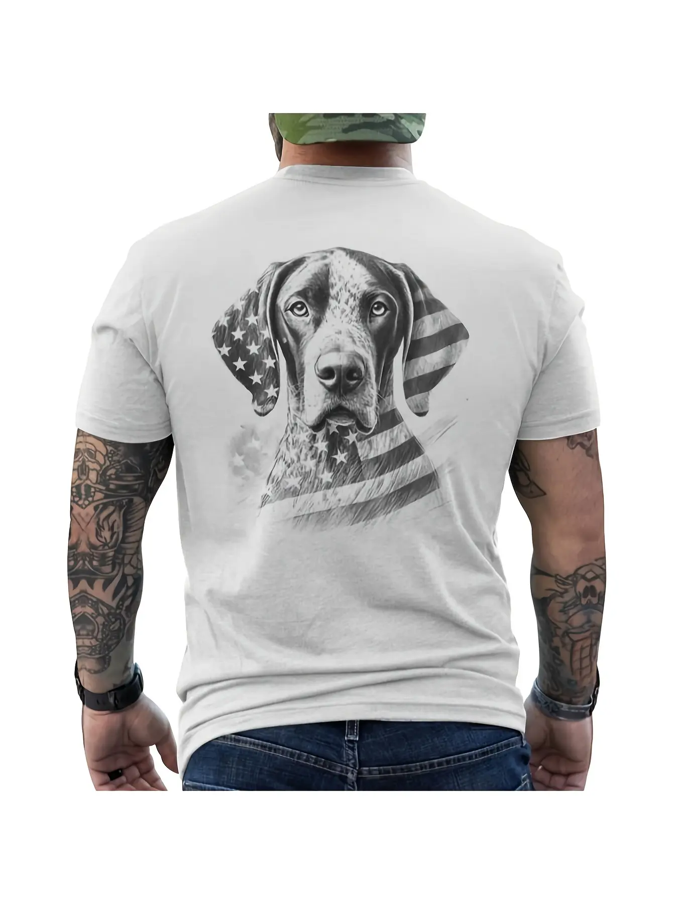 German Shorthaired Pointer American Flag Gsp Dog Idea Men'S T-shirt |   Relaxed Fit Short Sleeve Casual Breathable Soft Summer Spring Fall Essential - Unique Gift Idea for Men Humorous Tops for Birthday Holiday or Everyday Wear