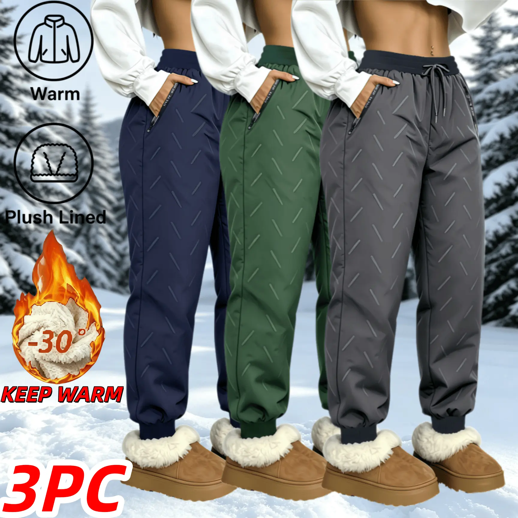 3 Pack Women Sherpa  Lined Snow Pants, Windproof Water Resistant Thermal Winter Joggers, Elastic Drawstring High Waist Quilted Insulated Trousers with Zipper Pockets, Cuffed Warm Pants for Ski Hiking Cold Weather Daily Outdoor Wear