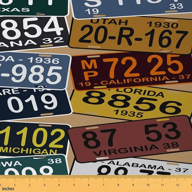 Feelyou Retro Vintage Print Waterproof License Plate Fabric (2yd/72" x 58"), Tight Weave Medium Weight Sewing Fabric for Handbag, Indoor/Outdoor DIY Projects
