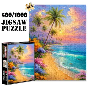 1pc 1000 piece adult puzzle 70x50cm Palm - lined Beach with Colorful Flowers and Sunset Ocean View 500 pieces paper jigsaw puzzle suitable for DIY creative games for adults and families, birthday