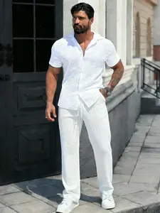 Summer Woven Short Sleeve Shirt and Long Pants Set, Plain Collar Button Design for Men, Casual Two Piece for Vacation and Everyday Use