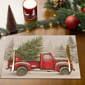 4/6pcs Christmas decorative placemats, red truck Christmas tree patterned plate mats, winter table mats, coasters, Christmas tree printed table anti slip insulation mats, party restaurant desktop decorations, Coffee Table Mat, Kitchen Coasters