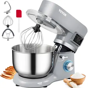 VEVOR Stand Mixer, TikTokShopBlackFriday, 660W Electric Dough Mixer with 6 Speeds LCD Screen Timing, Tilt-Head Food Mixer with 5.8 Qt Stainless Steel Bowl, Dough Hook, Flat Beater, Whisk, Scraper, Splash-Proof Cover - Gray
