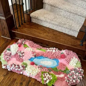Handmade Pink Moss Rug 3D Latch Hook Organic Carpet 50x29 inch Soft and Cozy Home Decor