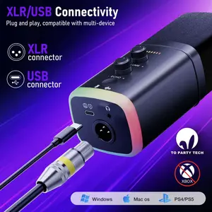 YU8 dynamic microphone with RGB light, volume control, mute function, gain adjustment, 3.5mm headphone jack, compatible with desktop, USB Type-C interface, PC plug and play multi-system, phone, game, streaming, singing, broadcasting