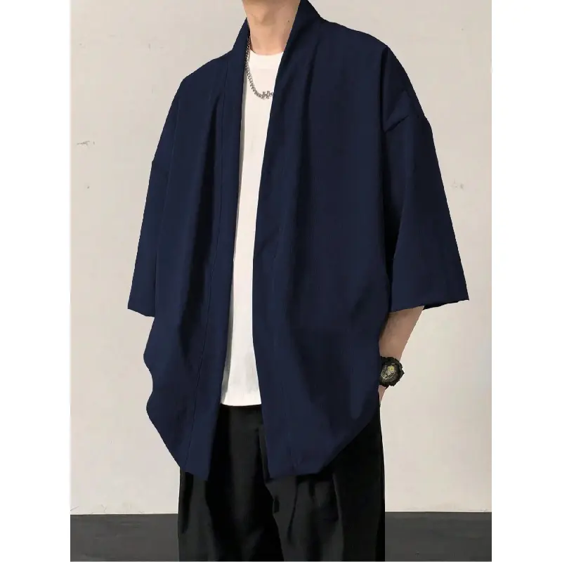 Men's Navy Blue Plain Kimono, Casual Short Sleeve Open Front Top, Loose Fit Comfy Menswear for Summer Daily Wear