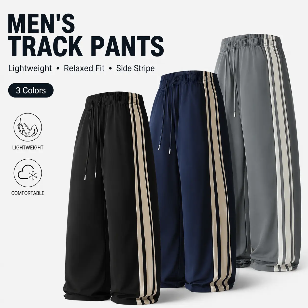 3 Pack Men Side Stripe Relaxed Wide Leg Track Pants, Elastic Drawstring Waist Lightweight Loose Sweat Pants For Street Gym Summer Daily Casual Wear