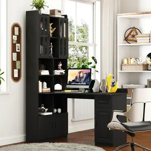Home Office Desks with Hutch, Drawers, Bookshelf, Storage Cabinet & Glass Doors, Modern Wooden L-Shaped Computer Corner Table for Work, Study, Writing