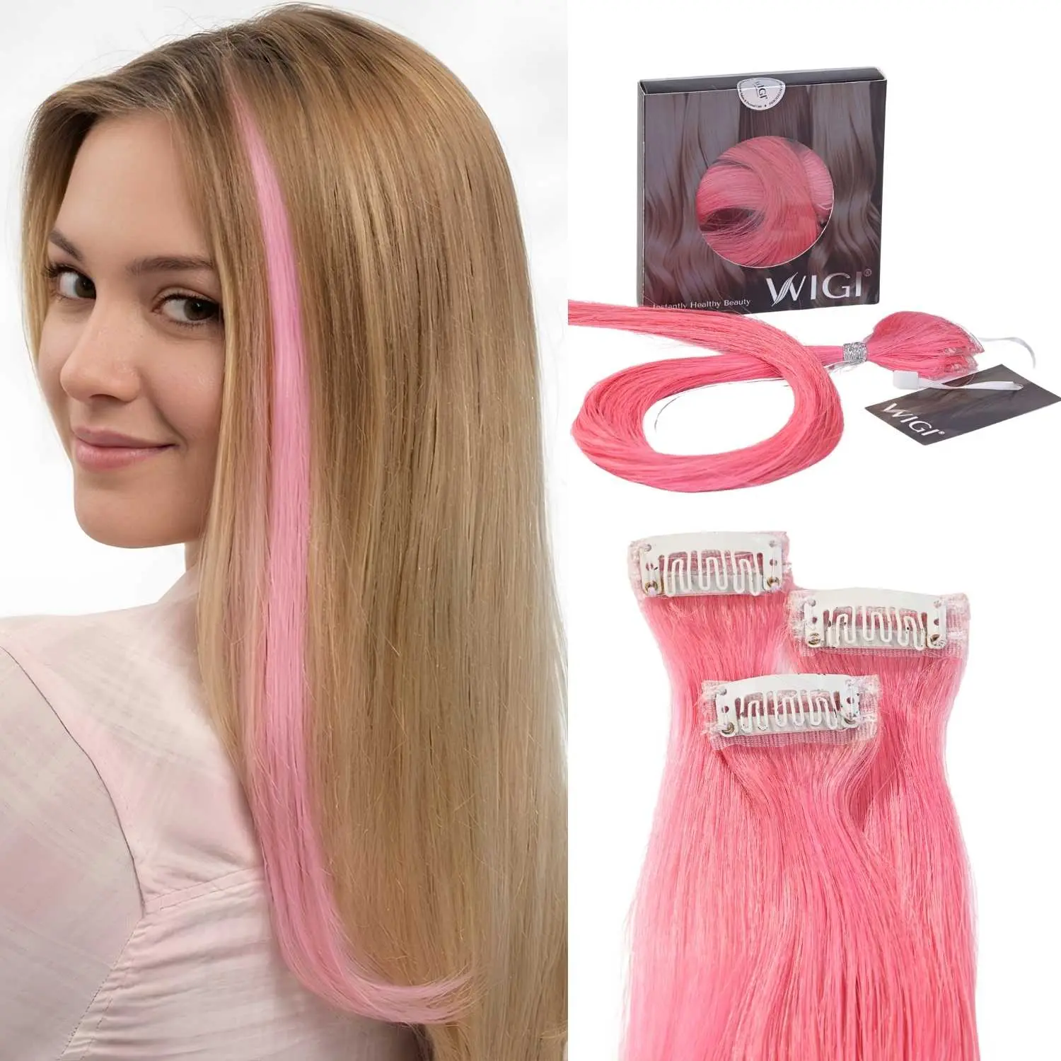 WIGI 18-Inch Pink Clip-In Highlight Human Hair Extensions, 100% Vietnamese Human Hair Clip-On Wefts, 3-Piece Straight Set, For Females, Party-Ready, 100% Human Hair