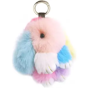 Soft Cute Bunny Keychain Artificial Rainbow Rabbit Fur Plush Fluffy Pom pom Key Ring for Women